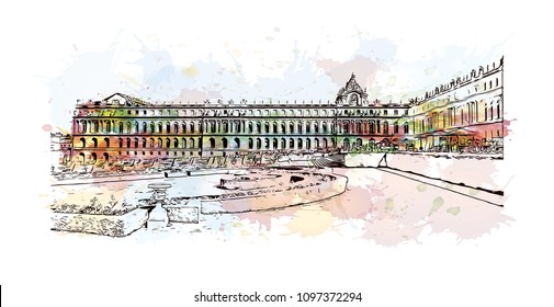 Palace of Versailles, Museum in Versailles, France. Watercolor splash with Hand drawn sketch illustration in vector.