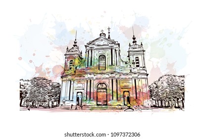 Palace of Versailles, Museum in Versailles, France. Watercolor splash with Hand drawn sketch illustration in vector.