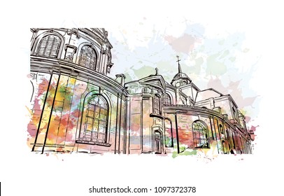 Palace of Versailles, Museum in Versailles, France. Watercolor splash with Hand drawn sketch illustration in vector.
