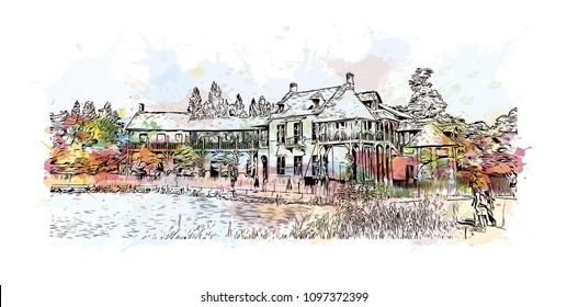 Palace of Versailles, Museum in Versailles, France. Watercolor splash with Hand drawn sketch illustration in vector.