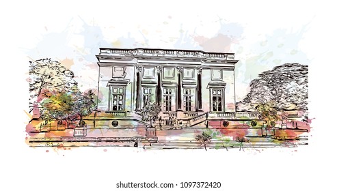 Palace of Versailles, Museum in Versailles, France. Watercolor splash with Hand drawn sketch illustration in vector.