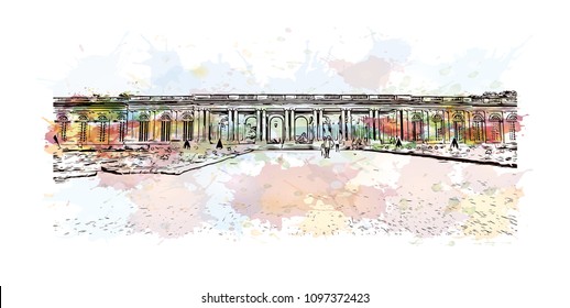 Palace of Versailles, Museum in Versailles, France. Watercolor splash with Hand drawn sketch illustration in vector.