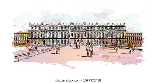 Palace of Versailles, Museum in Versailles, France. Watercolor splash with Hand drawn sketch illustration in vector.