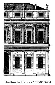 Façade of a Palace at Vicenza is generally of rustic work the upper storeys have pilasters pilasters or arcades are introduced on the ground to floor vintage line drawing or engraving illustration.