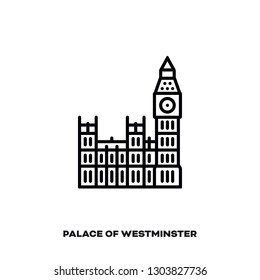 Palace of Westminster and Big Ben bell tower at London, England, United Kingdom, vector line icon. International landmark and tourism symbol.