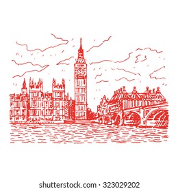 The Palace of Westminster, Elizabeth Tower (Big Ben) and Westminster Bridge. London, England, UK. Vector hand drawn sketch.