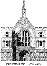 The palace of Westminster Hall, located on the banks of the River Thames, in the City of Westminster, in central London, England., vintage line drawing or engraving illustration.