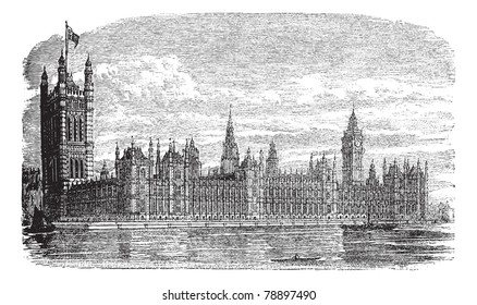 Palace of Westminster or Houses of Parliament or Westminster Palace in London, England, during the 1890s, vintage engraving. Trousset encyclopedia (1886 - 1891)