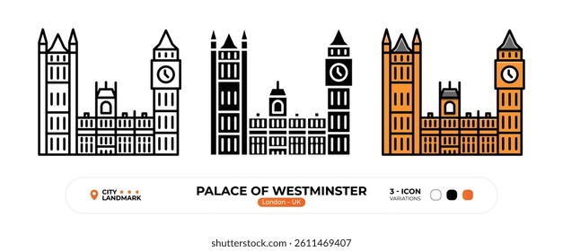Palace of Westminster Line Icon. London, UK, Landmark, Silhouette, Color Vector, Editable Stroke.