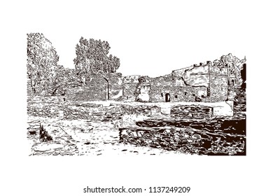 The Palaces and Castles of Gondar, Ethiopia. Hand drawn sketch illustration in vector.