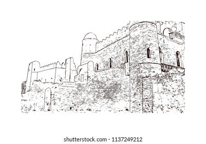 The Palaces and Castles of Gondar, Ethiopia. Hand drawn sketch illustration in vector.