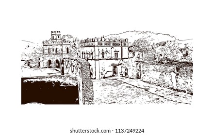 The Palaces and Castles of Gondar, Ethiopia. Hand drawn sketch illustration in vector.