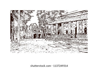 The Palaces and Castles of Gondar, Ethiopia. Hand drawn sketch illustration in vector.