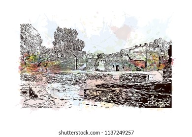 The Palaces and Castles of Gondar, Ethiopia. Watercolor splash with Hand drawn sketch illustration in vector.