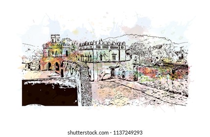 The Palaces and Castles of Gondar, Ethiopia. Watercolor splash with Hand drawn sketch illustration in vector.