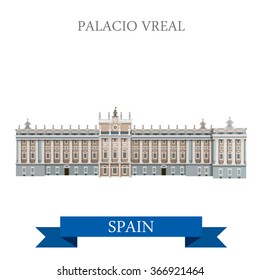 Palacio Real in Madrid Spain. Flat cartoon style historic sight showplace attraction web site vector illustration. World countries cities vacation travel sightseeing collection