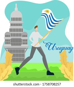 Palacio Salvo vector concept: man waving around Uruguay national flag near Palacio Salvo