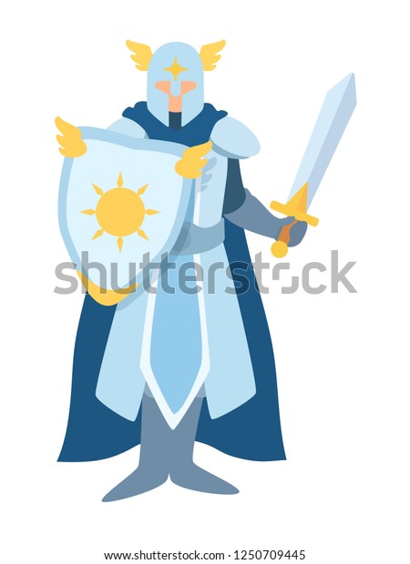 A paladin hero stands with sword and shield.\
Role-playing stylized image without a face. Flat cartoon design.\
Realistic body proportions. Vector simple style illustration\
isolated on white\
background.