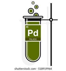 Paladio symbol - Palladium in Spanish language - on label in a green test tube with holder. Element number 46 of the Periodic Table of the Elements - Chemistry