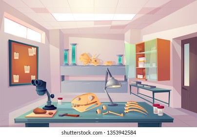 Palaeontology, university genetics laboratory, examining fossilized bones, studying dinosaurs skeleton anatomy cartoon vector illustration