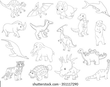 Palaeosaurus, styracosaurus, spinosaurus, ichthyosaur, diplodocus, tyrannosaur, pterodactyl, triceratops, pliosaur, stegosaurus, ankylosaurus, guanlong, mammoth, bear, saber-toothed tiger and rhino