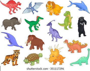 Palaeosaurus, styracosaurus, spinosaurus, ichthyosaur, diplodocus, tyrannosaur, pterodactyl, triceratops, pliosaur, stegosaurus, ankylosaurus, guanlong, mammoth, bear, saber-toothed tiger and rhino