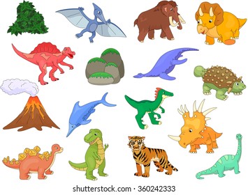 Palaeosaurus, styracosaurus, spinosaurus, ichthyosaur, diplodocus, tyrannosaur, pterodactyl, triceratops, pliosaur, stegosaurus, mammoth, saber-toothed tiger, volcano and plant. Vector illustration