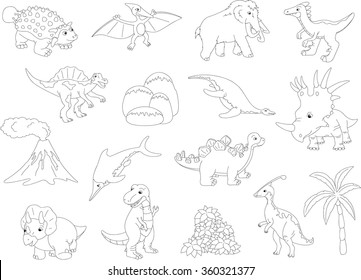 Palaeosaurus, styracosaurus, spinosaurus, ichthyosaur, diplodocus, tyrannosaur, pterodactyl, triceratops, pliosaur, stegosaurus, mammoth, volcano and palm. Coloring book for kids. Vector illustration