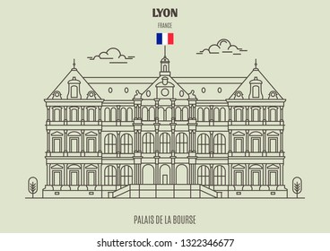 Palais de la Bourse in Lyon, France. Landmark icon in linear style