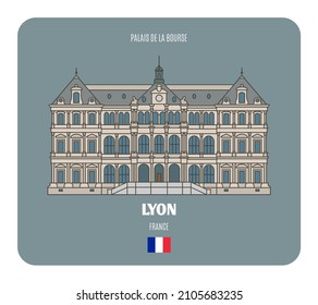 Palais de la Bourse in Lyon, France. Architectural symbols of European cities. Colorful vector 