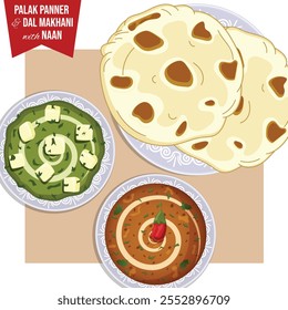 Palak Paneer and Dal Makhani with Naan Bread. Authentic Punjabi Indian Food Top View Detailed Illustration  