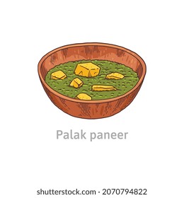 Palak paneer a dish of traditional indian national cuisine. Vegetarian or vegan food from spinach and pieces homemade fresh cheese. Vector illustration.