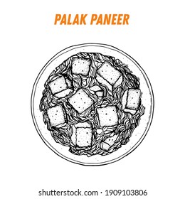 Palak paneer sketch, Indian food. Hand drawn vector illustration. Sketch style. Top view. Vintage vector illustration.