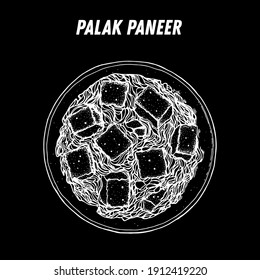 Palak paneer sketch, Indian food. Hand drawn vector illustration. Sketch style. Top view. Vintage vector illustration.