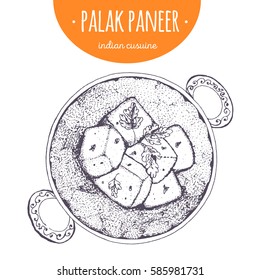 Palak paneer top view  vector illustration. Indian cuisine. Linear graphic.