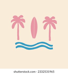palam tree,surfboard and wave logo,vector art