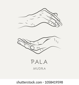 Pala-mudra or mudra of trust - gesture in yoga fingers. Symbol in Buddhism or Hinduism concept. Yoga technique for meditation. Promote physical and mental health. Vector illustration