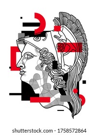 Palas Athena Sculpture. Vector Illustration Hand Drawn. Glitch Red Modern Style.