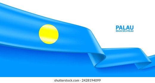 Palau 3D ribbon flag. Bent waving 3D flag in colors of the Palau national flag. National flag background design.