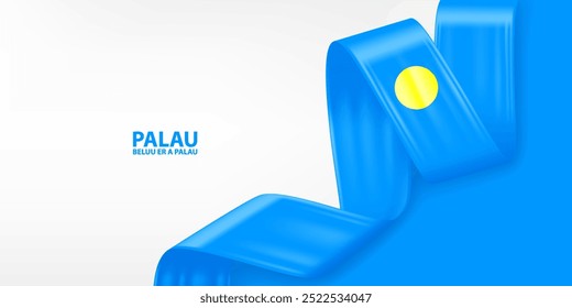 Palau 3D ribbon flag. Bent waving 3D flag in colors of the Palau national flag. National flag background design.