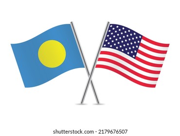 Palau and America crossed flags. Palauan and American flags on white background. Vector icon set. Vector illustration.