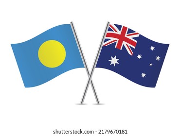 Palau and Australia crossed flags. Palauan and Australian flags on white background. Vector icon set. Vector illustration.