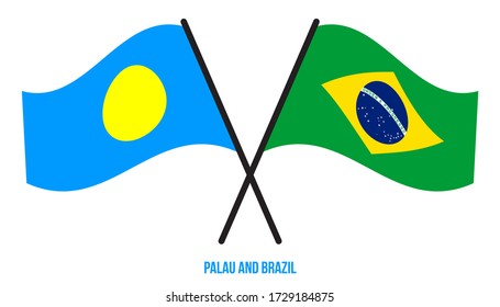 Palau and Brazil Flags Crossed And Waving Flat Style. Official Proportion. Correct Colors.