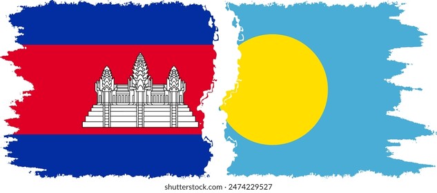 Palau and Cambodia grunge flags connection, vector