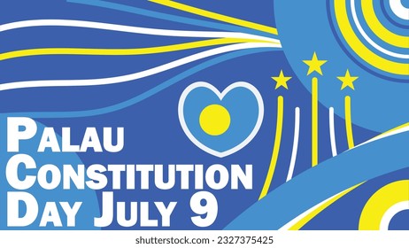 Palau Verfassung Tag Vektorbanner-Design mit Retro geometrischen Formen, Palau Fahne und Farben, Herzform und Typografie. Alles Gute über die Verfassung Palau moderne minimale grafische Poster-Illustration.