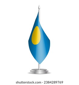 Palau flag - 3D mini flag hanging on desktop flagpole. Usable for summit or conference presentaiton. Vector illustration with shading.