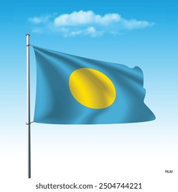 Palau flag flying on blue sky, vector illustation.