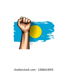 Palau flag and hand on white background. Vector illustration