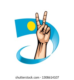 Palau flag and hand on white background. Vector illustration