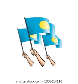 Palau flag and hand on white background. Vector illustration